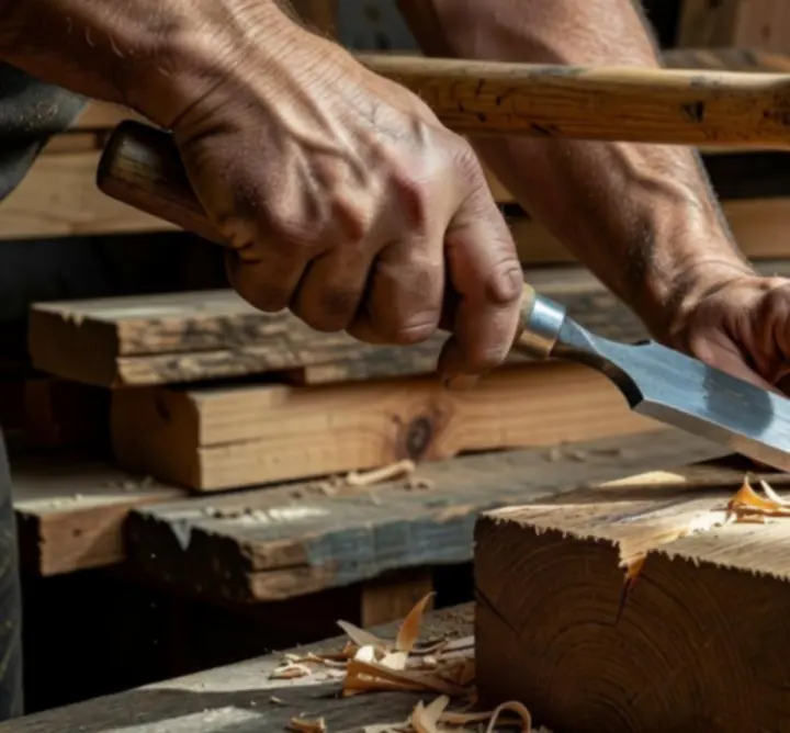 Mistrz stolarstwa P.P.H. AND-PEL podczas precyzyjnej pracy z drewnem