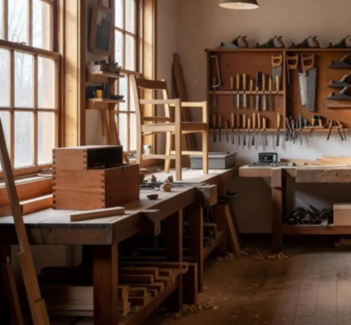 Wnętrze uporządkowanego warsztatu stolarskiego