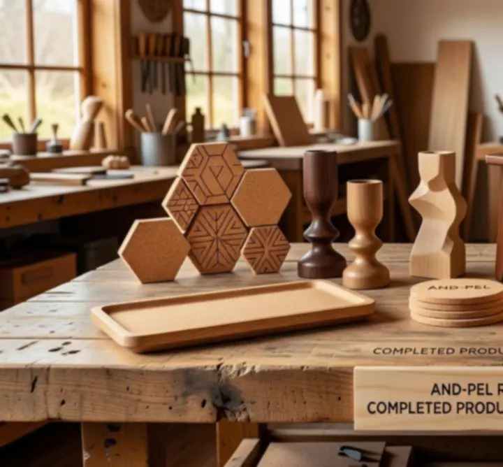 Zestaw zrealizowanych produktów z drewna i korka