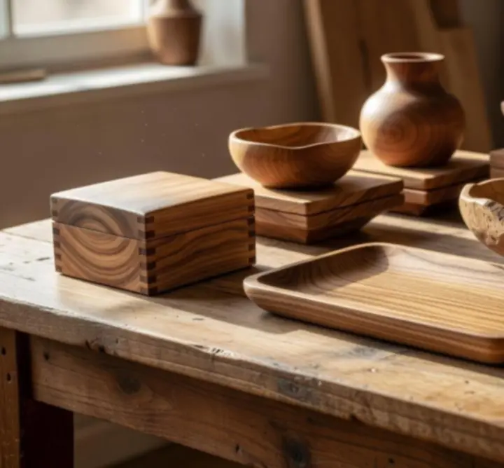 Zestaw produktów z drewna prezentujących różne rodzaje wykończeń i zastosowań